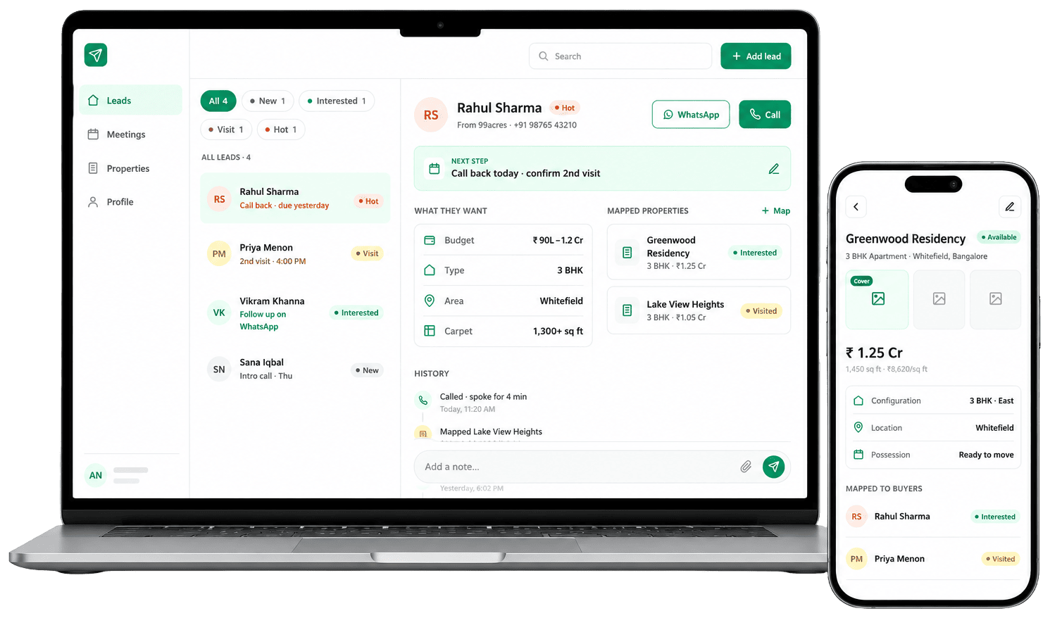 WinMyLead CRM on laptop and mobile — lead context, mapped properties and follow-ups